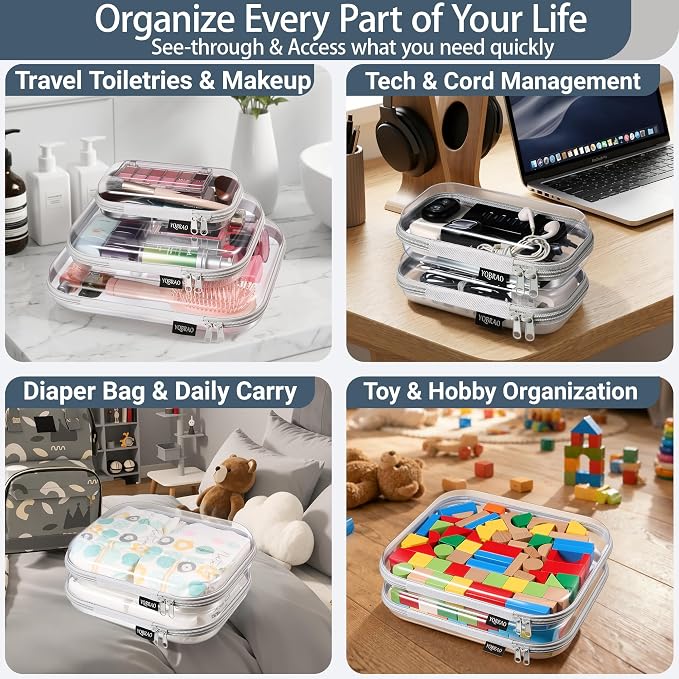 6 Pack Gray Clear Hard Shell Beauty Organizer (2M+4S), 1.2mm Heavy Duty Crush-Proof Cosmetic Case, Reinforced YKK Zippers, Stadium Approved Security Bag for Skincare & Electronics, Multi-Size Set