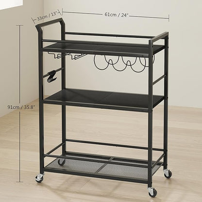 3 Tier Bar Cart, Small Beverage Cart, Mini Bar Cart with Wine Rack, Home Bar Serving Cart with Wheels for Kitchen Dining Living Room (Black, General)