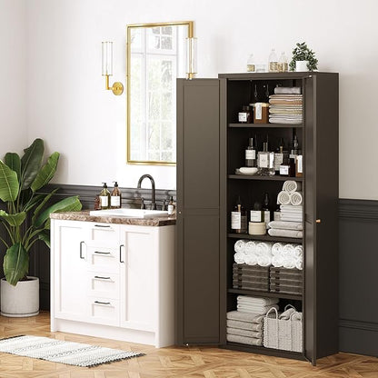 71" Tall Kitchen Pantry Storage Cabinet, Black Metal Storage Cabinets with Doors and Adjustable Shelves,5 Tier Freestanding Kitchen Cupboard for Dining Room Office Bathroom