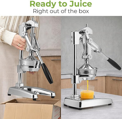 Zulay Kitchen Professional Citrus Juicer - Chrome Finish Manual Citrus Press and Orange Squeezer - Metal Lemon Squeezer - Extra Tall Heavy Duty Manual Orange Juicer and Lime Squeezer Press Stand