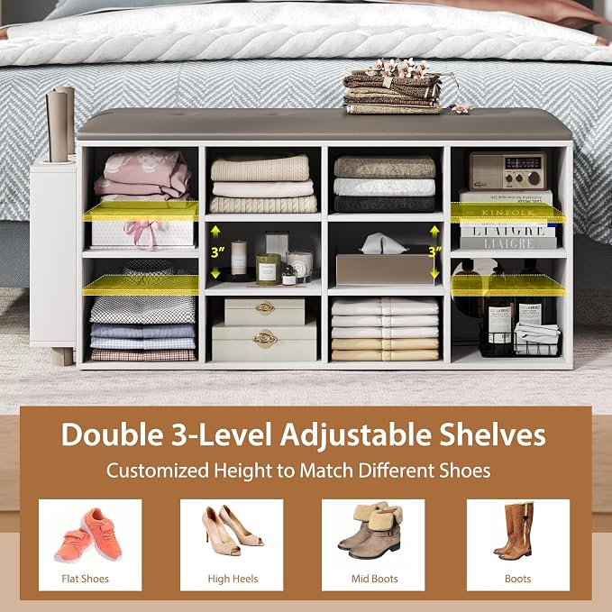 Tangkula Shoe Storage Bench with Umbrella Stand, 10-Cube Entryway Bench with Adjustable Shelf & Padded Cushion, Cubby Shoe Rack Organizer for Bedroom & Checkroom, Rustic Brown & Black (White)