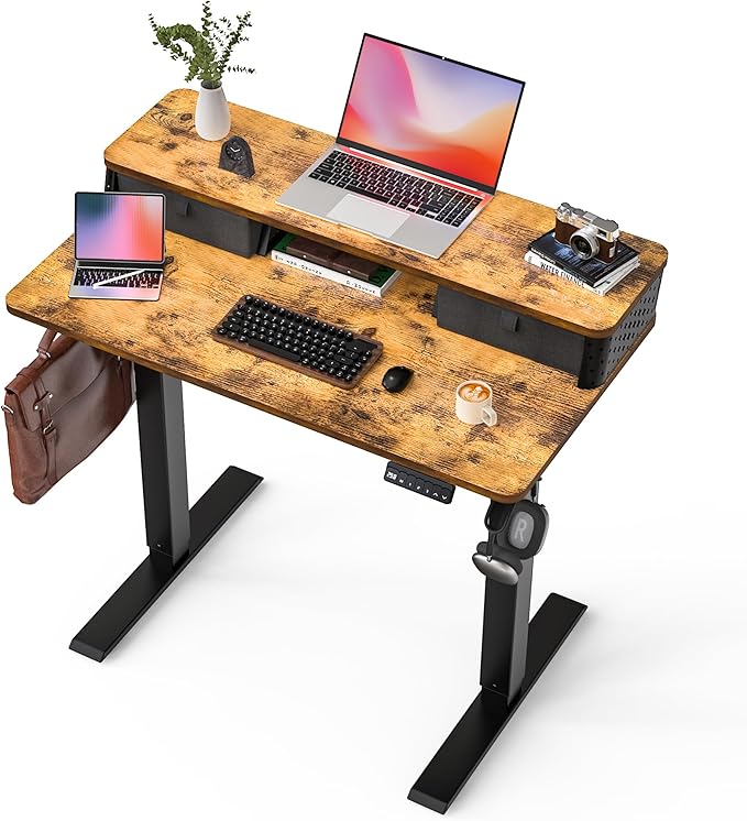 FiCiHi Small Standing Desk with Drawers,C-Clamp Mount Compatible, 40x24 Inch Electric Adjustable Height Computer Stand Up Desks, Home Office Sit Stand Table with 3 Preset Heights, Rustic Brown