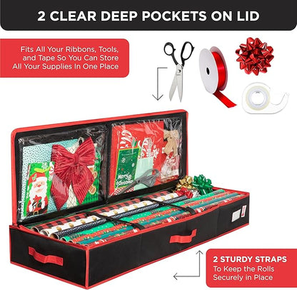 HOLDN’ STORAGE Premium Wrapping Paper Storage Container - Durable 600D Tear-Proof, Fits 27 Rolls Gift Wrap, Extra Pockets for Ribbons & Bows, Underbed Storage - Ideal for Holiday Christmas, Black