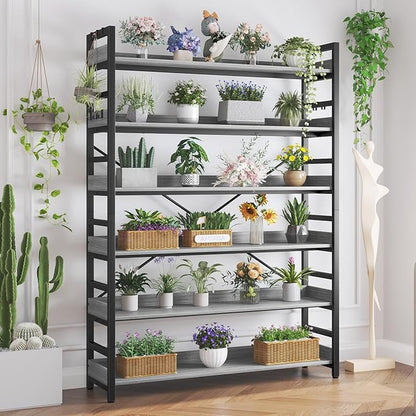 HCHQHS Bookshelf, Adjustable Industrial Bookcase, Vertical Tall Book Shelf, Wood and Black Metal Open Bookshelves for Home Office, Living Room, Bedroom (Grey, 6-Tier (47" W x 70" H))
