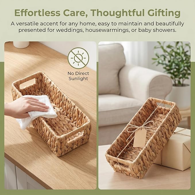 Wicker Toilet Tank Basket, Natural Rectangle Water Hyacinth Storage Baskets, Handwoven Rattan Paper Baskets Organizer with Handles for Bathroom, Kitchen, Living Room Decor, 2-Pack