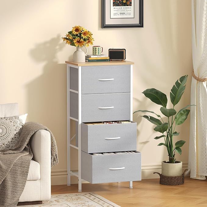 Sweetcrispy 4 Drawer Fabric Dresser Storage Tower Nightstand Chest | Small bedroom dresser and nightstand with sturdy frame,Perfect for closet,entryway,dorm,Easy assembly,Light Gray