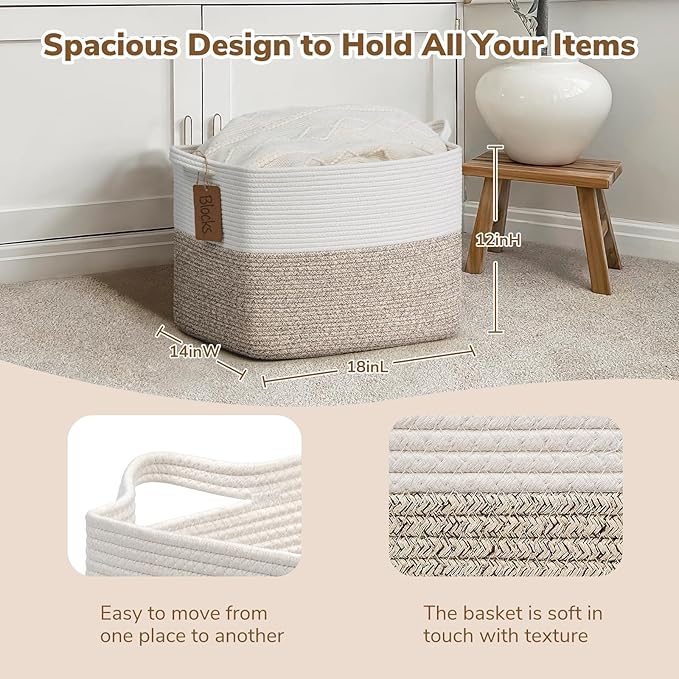 Goodpick Woven Storage Baskets for Organizing, Blanket Basket Living Room, Rope Baskets for Storage, Rectangle Toy Basket With Handles, Brown and White, 18 x 14 x 12 Inches