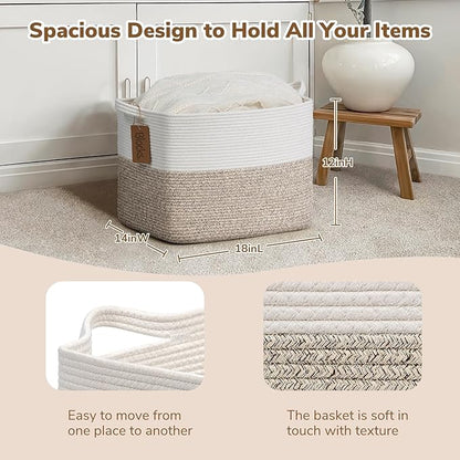 Goodpick Woven Storage Baskets for Organizing, Blanket Basket Living Room, Rope Baskets for Storage, Rectangle Toy Basket With Handles, Brown and White, 18 x 14 x 12 Inches