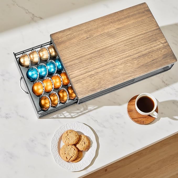 HiveNets for Vertuo Coffee Capsule Storage Drawer Compatible with Nespresso Vertuoline Pods Holder Metal and Wood Top Organizer (can hold 40 Pods)