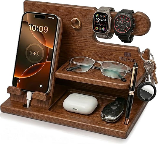 TESLYAR Wood Phone Docking Station for Men - Desk or Nightstand Organizer - Birthday Gifts for Husband or Dad - Anniversary Idea from Wife - Key Holder, Stand Wallet, Watch & Essentials (Earth Beige)