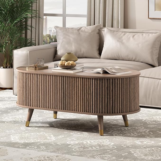 Oval Coffee Table with Storage, 42.5” Fluted Coffee Table with Lifting Top & Solid Wood Legs, Modern Lift Up Center Table for Living Room, Home Office, Walnut