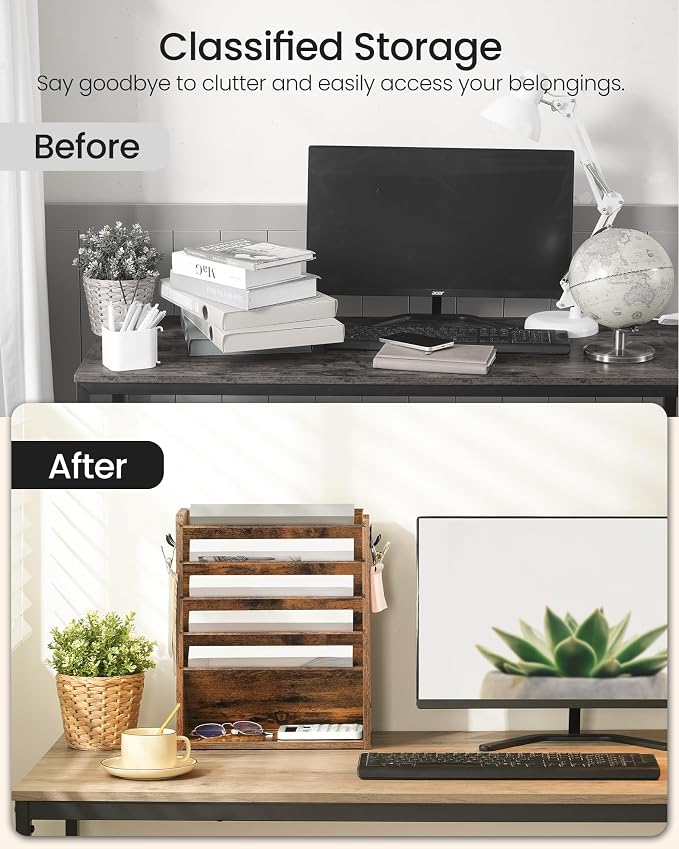CHOEZON Wall File Organizer, 6-Tier Vertical Mount Hanging Holder with 2 Side Hooks, Vintage Wooden Magazine Storage Crate with Bottom Flat Tray, Desk Organizer, for Office, Home, Rustic Brown MWJ01FG