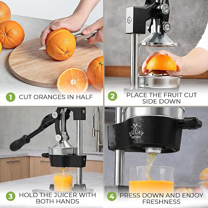 Zulay Kitchen Cast Iron Juicer - Heavy Duty Manual Juicer with Detachable Strainers for Easy Cleaning, Orange Juice Press for Citrus Fruits, Perfect for Bartenders, Juice Lovers & Health Enthusiasts