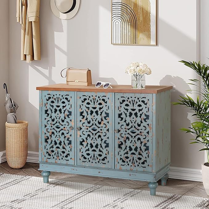 Sophia & William Sideboard Buffet Credenza Cabinet, 3-Door Hollow-Carved Accent Cabinet, Distressed Sideboard Storage Cabinet with Wood Veneer for Kitchen, Living Room, Dining Room, Entryway, Blue | 3-Door, Hollow-Carved, Accent Cabinet, Distressed, St...