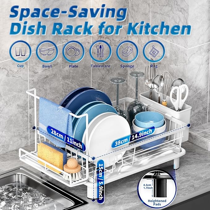 Dish Drying Rack, Stainless Steel-Dish Rack, Dish Racks for Kitchen Counter, Kitchen Dish Drainers with Removable Utensil Holder,New drain outlet,Plate Rack and Drainboard,(white 2 with Sponge Rack)