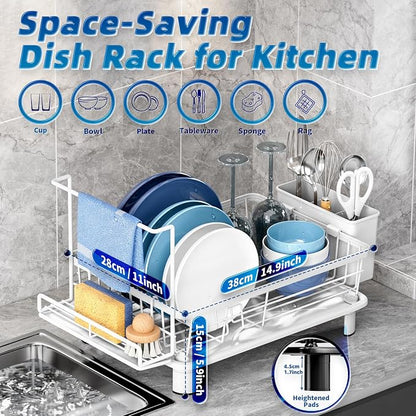 Dish Drying Rack, Stainless Steel-Dish Rack, Dish Racks for Kitchen Counter, Kitchen Dish Drainers with Removable Utensil Holder,New drain outlet,Plate Rack and Drainboard,(white 2 with Sponge Rack)
