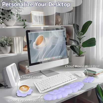Sushret Cloud Wrist Rest Keyboard, Cloud Keyboard Wrist Pad Set with PU Leather Memory Foam, Cute Arm Rest for Palm Support, PC/Gaming Desk Accessories/Office Setup/Computer Hand Cushion - Purple