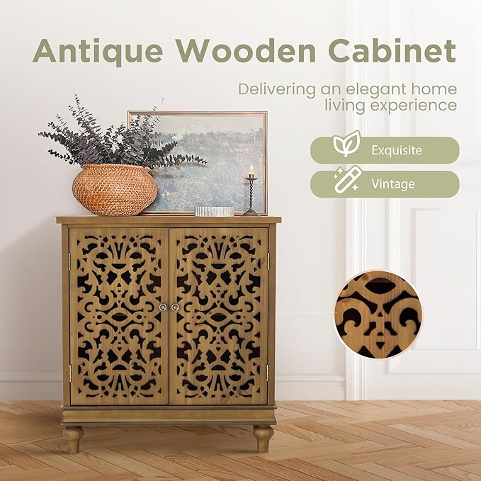 Sophia & William Accent Cabinet with Doors, Distressed Storage Cabinet with Wood Frame and Hollow-Carved Floral Doors for Entryway Living Room, Wood
