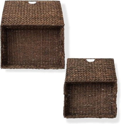 Casafield Set of 2 Water Hyacinth Rectangular Storage Baskets with Lids (Espresso - Medium/Large) for Bedroom, Bathroom, Laundry, Home Office