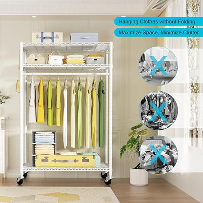 FUTASSI P3 Plus Rolling Clothes Rack, Clothing Racks for Hanging Clothes, Heavy Duty Garment Rack with Wheels, Freestanding Portable Closet Rack 45" W x 14" D x 78.5" H, Max Load 480 LBS, White
