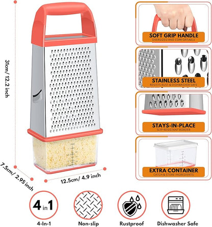 Urbanstrive Cheese Grater With Container, Professional Cheese Grater with Handle, Stainless Steel Graters for Kitchen Handheld, Box Grater with 4 Sides for Vegetables, Ginger, Potatoes (Coral)