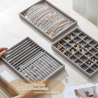 Large Velvet Jewelry Tray 2 Pack Stackable Jewelry Display Drawer Inserts Trays Organizer for Earring Bracelet Necklace Ring (Gray, Ring and 9 Grids)