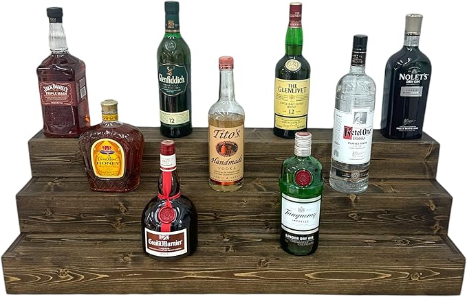 Handmade Tiered Display Shelving - Three Tier Bar Display - Bar Organizer - Liquor Bottle Display (36" without Back, Dark Walnut)