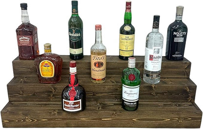 Handmade Tiered Display Shelving - Three Tier Bar Display - Bar Organizer - Liquor Bottle Display (36" with Back, Dark Walnut)