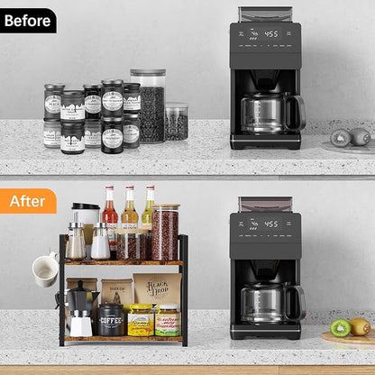 Spice-Rack-Organizer-Shelf for Kitchen Counter, 2 Tiers Coffee Bar Station Organizer for Countertop，Space Saving Desk Shelving Riser Unit (Rustic Brown, Small)