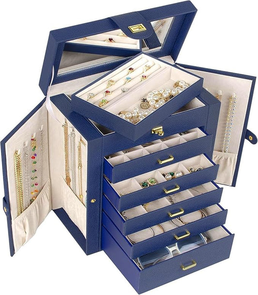 AKOZLIN 6-Tier Jewelry Box Organizer Functional 5 Drawers Leather Jewelry Storage Case for Women Girls Ring Necklace Earring Bracelet Holder Organizer with Mirror Blue Large