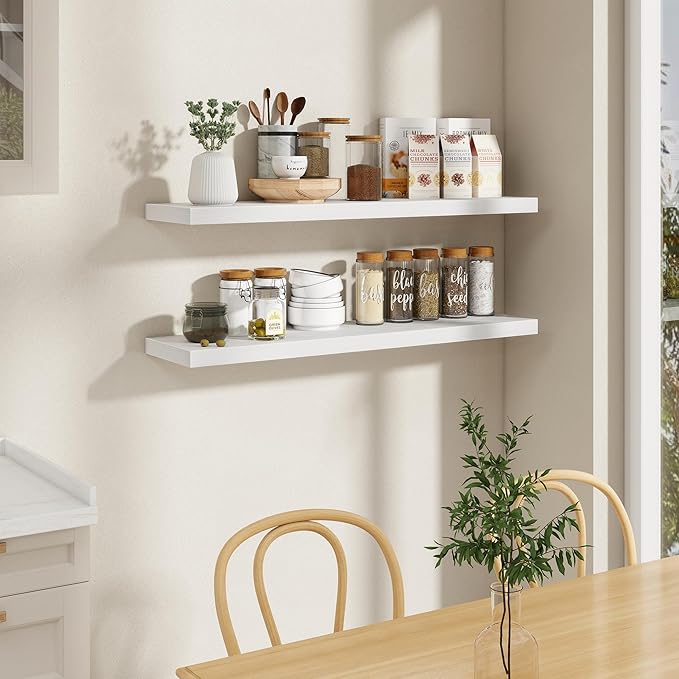 Fun Memories 48 Inch Floating Shelves in White, 9.3 Inch Deep Wall Shelves for Bathroom, Living Room, Bedroom, Kitchen, Deep Long Shelf Wall Mounted 2 Pack Shelf for Books, Decor