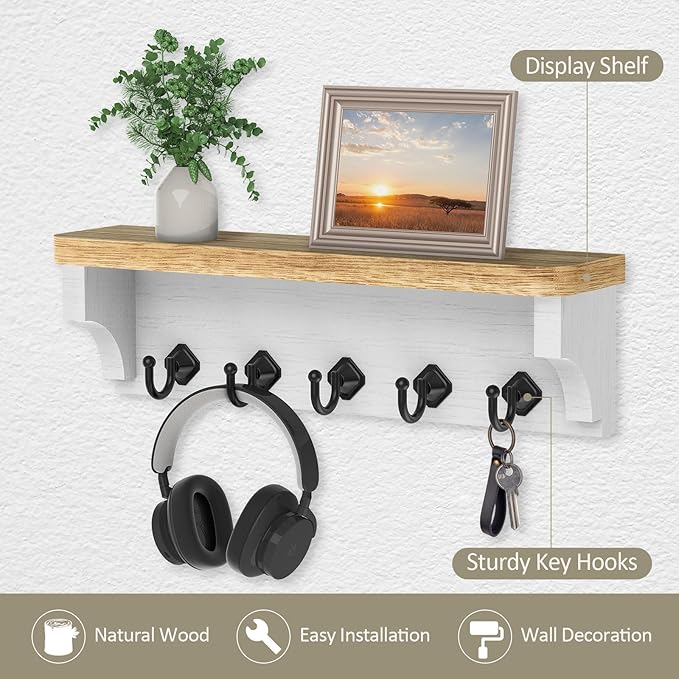 Nekon Key Holder for Wall, 11.8" W x 3.5" H x 2.8" D Decorative Key Organizer with Floating Shelf, Wall Mount Key Rack with 5 Hooks (Wood)
