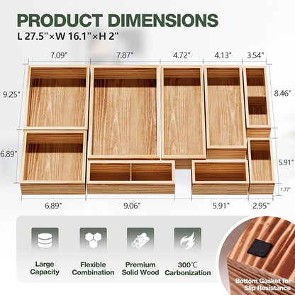 9-Pack Solid Wood Junk Drawer Organizer, Modular Desk Drawer Tray & Accessories with Non-Slip Pad, Multi-Use for Kitchen, Office, Bedroom Dresser, Utensil, Makeup, Stationery, Tea Bags & Coffee Pod