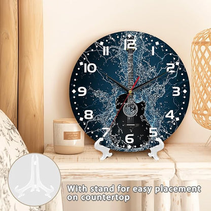 Electric Guitar Wall Clock - 10 Inch Wooden Art Hanging Clock, Silent Non-Ticking, Battery Operated, Round Home Arabic Numeral Decorative