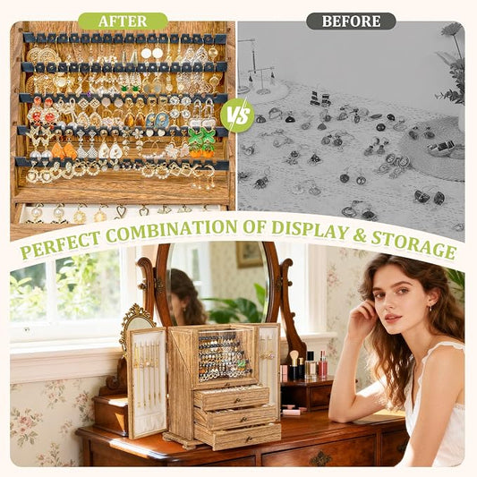 Jewelry Box Organizer, Rustic Wooden Jewelry Boxes for Women Girls, Large Storage Earring Holder Organizer Display for Earrings Necklaces Rings Bracelets (Rustic Brown)