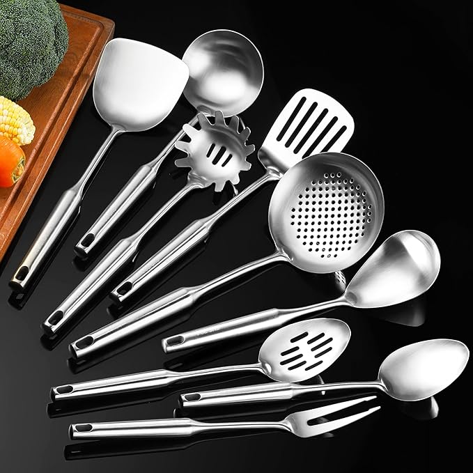 18/10 Stainless Steel Kitchen Utensils, 9 PCS Metal Cooking Utensils Set 15", Solid and Slotted Spoon, Fork, Spatula, Ladle, Skimmer, Slotted Spatula Tunner, Spaghetti Large Spoon