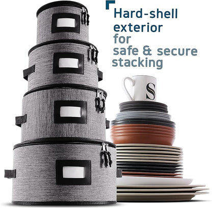 Fine China Hard Shell Dish Organizer - 5 Piece Stackable Mug and Plate Storage Containers with Dividers for Moving and Seasonal Storage, Grey