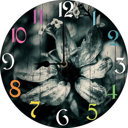 Daisy Wall Clock 10 Inch Silent Non Ticking Battery Operated Wooden Modern Office Simple Minimalist Clock Decorative for Kitchen Home Bathroom Living Room