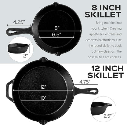 Cast Iron Skillet Set - 8" + 12"-Inch Frying Pan - Pre-Seasoned Oven Safe Cookware + 2 Heat-Resistant Handle Holder Grips - Indoor/Outdoor Use - Grill, Stovetop, Induction Safe. PFAS and PFOA-free