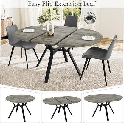 Extendable Round Dining Table Set for 6 People, 43.3"-59.1" Extendable Kitchen Table with 6 Upholstered Chairs, Space Saving for Kitchen Dining Room (Grey Table+6 Grey Chairs)
