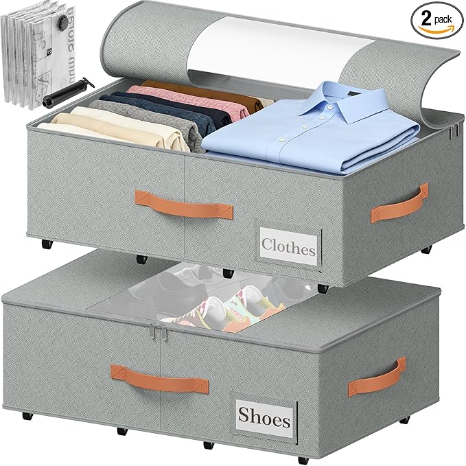 TOSKING 2-Pack Under Bed Storage Bins with Wheels, 4 Vacuum Bags, Heavy Duty 80 lbs, 7.9" Height, 47L Clear Lid Organizer, Space Saver for Dorm Bedroom Clothes Shoes Toys, Quick Assembly, Gray