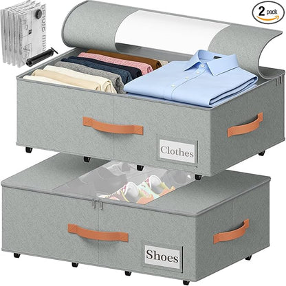 TOSKING 2-Pack Under Bed Storage Bins with Wheels, 4 Vacuum Bags, Heavy Duty 80 lbs, 7.9" Height, 47L Clear Lid Organizer, Space Saver for Dorm Bedroom Clothes Shoes Toys, Quick Assembly, Gray