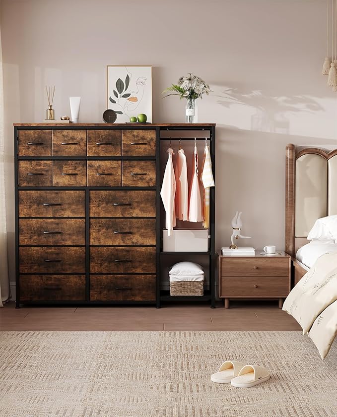 GarveeHome Dresser with 16 Drawers & Hanging Rod & Shelves, Fabric Storage Organizer for Bedroom, Closet, or Entryway