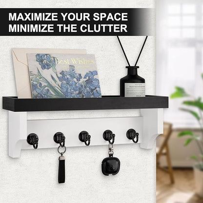 Key and Mail Holder Wall Mount, Key Holder with Shelf and Mail Organizer Wall Mount. Mail Holder with 5 Hooks for Coat, Dog Leash, Home Decor Rack, Entry Way Organizer (Black & White)