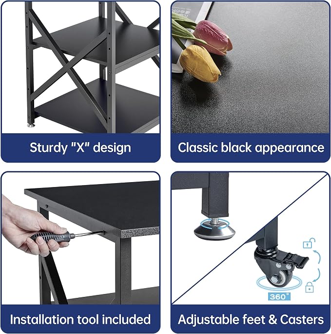Fannova Printer Stand, 23.6 x 23.6 x 30.1 Inches Large Square Printer Table with Height Adjustable Storage Shelf, 3 Tier Rolling Printer Cart with Industrial Wheels for Home Office - Black