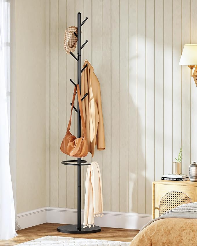 CHOEZON Coat Rack Freestanding, Coat Rack with Umbrella Holder, Coat Hanger Stand with 8 Hooks, Coat Tree with Marble Base, 3 Adjustable Size, for Entryway, Living Room, Bedroom Marble Black TYM09BD