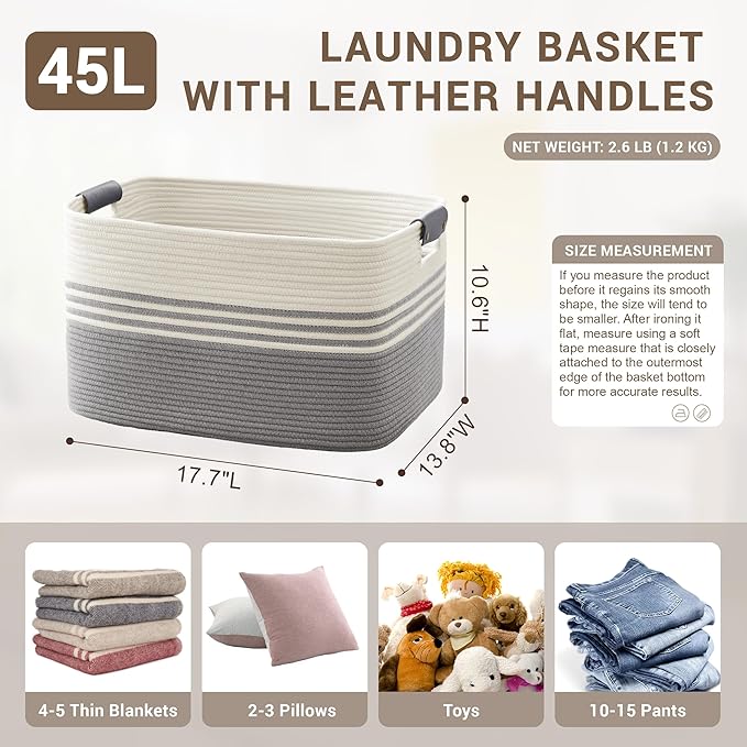 SunNewt 45L Small Laundry Basket with Leather Handles for Living Room Storage, Woven Rope Baskets Bin for Blanket, Kids Toy, Gifts, Wicker Hamper for Bedroom Dirty Clothes, 18"x14"x11" White Grey
