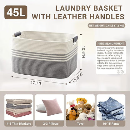 SunNewt 45L Small Laundry Basket with Leather Handles for Living Room Storage, Woven Rope Baskets Bin for Blanket, Kids Toy, Gifts, Wicker Hamper for Bedroom Dirty Clothes, 18"x14"x11" White Grey