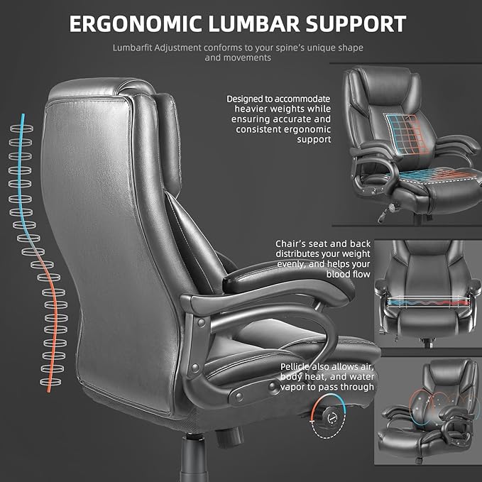 VITESSE 500lbs Heavy Duty Office Chair for Low Back Pain Relief, Big and Tall Office Chair with Ergonomic Lumbar Support, High Back Executive Chair with Quiet Rubber Wheel（Grey）