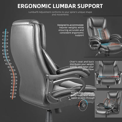 VITESSE 500lbs Heavy Duty Office Chair for Low Back Pain Relief, Big and Tall Office Chair with Ergonomic Lumbar Support, High Back Executive Chair with Quiet Rubber Wheel（Grey）